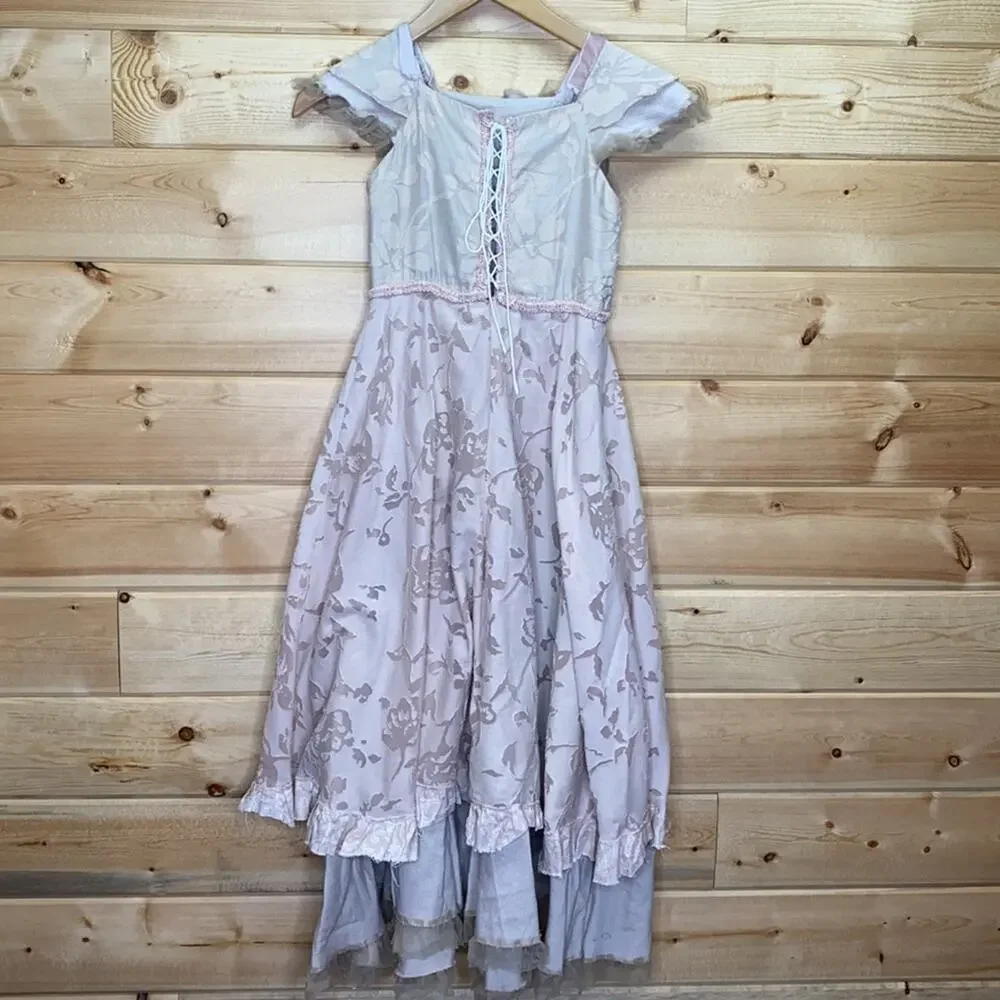 Handmade Prairie Renaissance Peasant Floral Ruffle Lace Tie Back Girls Dress 5/6